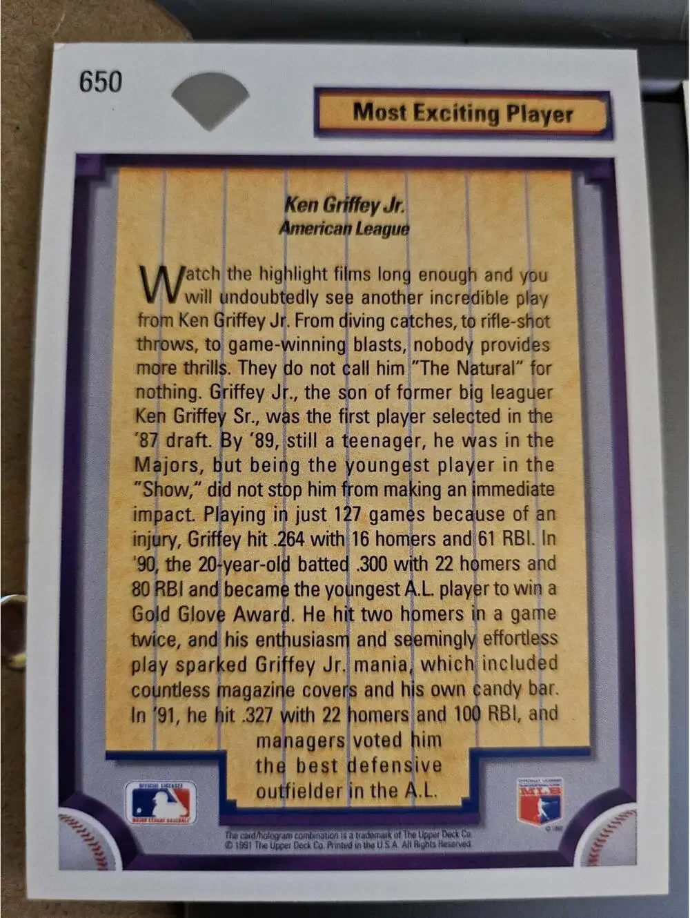 1992 Upper Deck KEN GRIFFEY JR. Most Exciting Player #650! Seattle Mariners, HOF